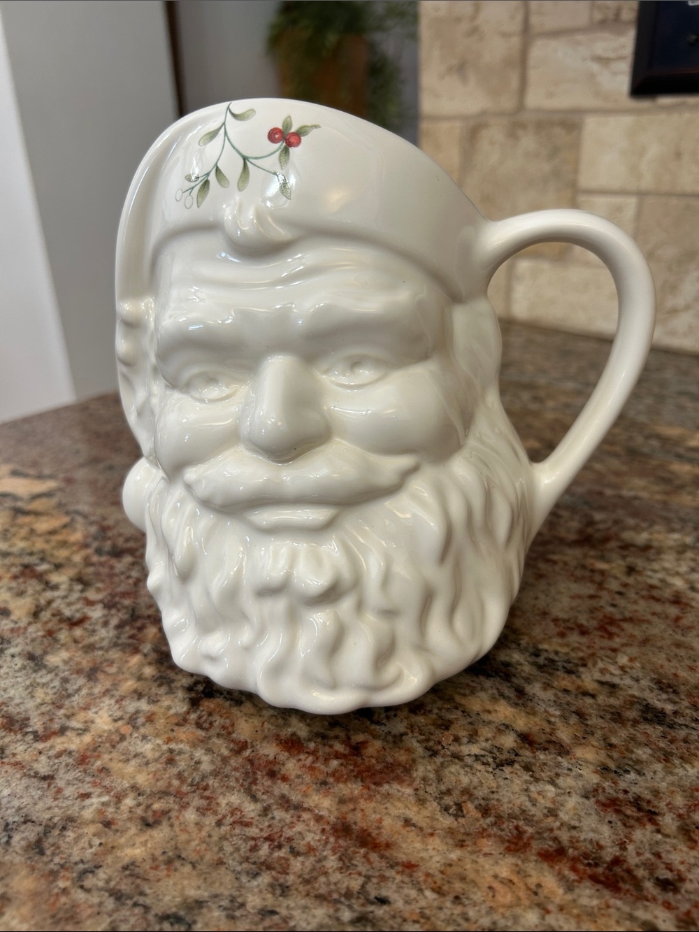 Pfaltzgraff Winterberry White Santa Face Ceramic Pitcher with Holly Accent